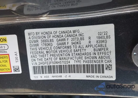 2022 Honda Civic Sport from USA, damaged, VIN 2HGFE2F50NH570224
